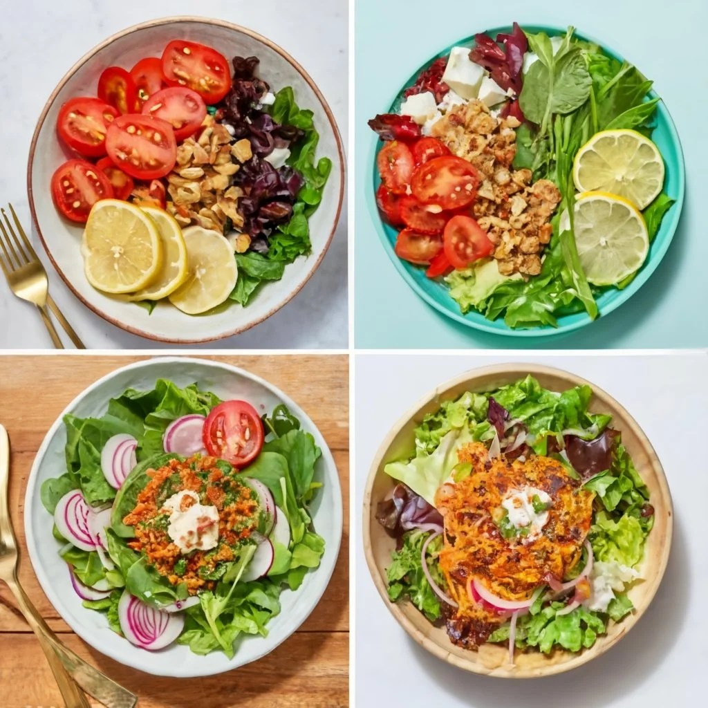 A collage of four different salad bowls, each representing a variation of Jennifer Aniston's salad: Vegan Delight, Mediterranean Twist, Low-Carb Option, and The Pescatarian Pick. Each bowl should be colorful and distinct.