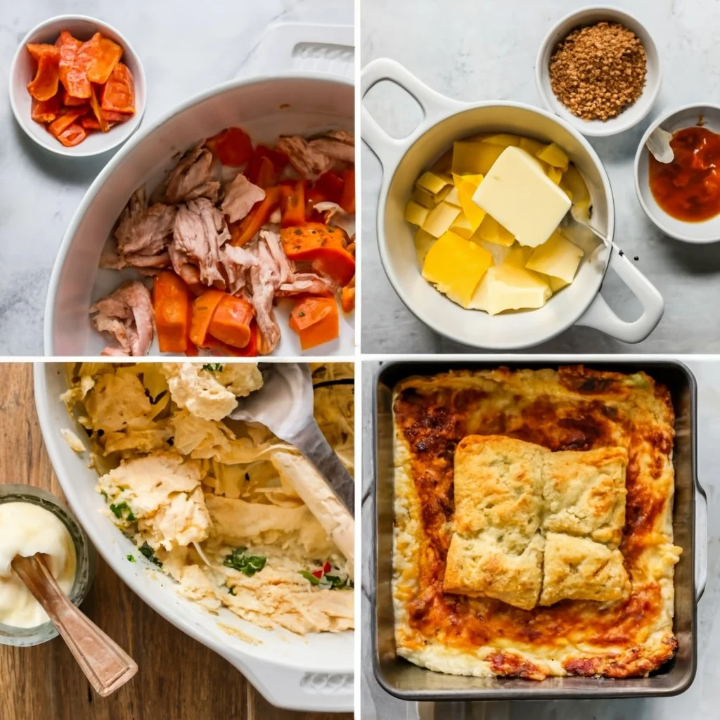 A step-by-step collage showing the Chicken Cobbler preparation process. Include images of melting butter in a baking dish, layering shredded chicken and vegetables, pouring the biscuit mix and liquids, and the cobbler being baked in the oven. Each step should be visually distinct.