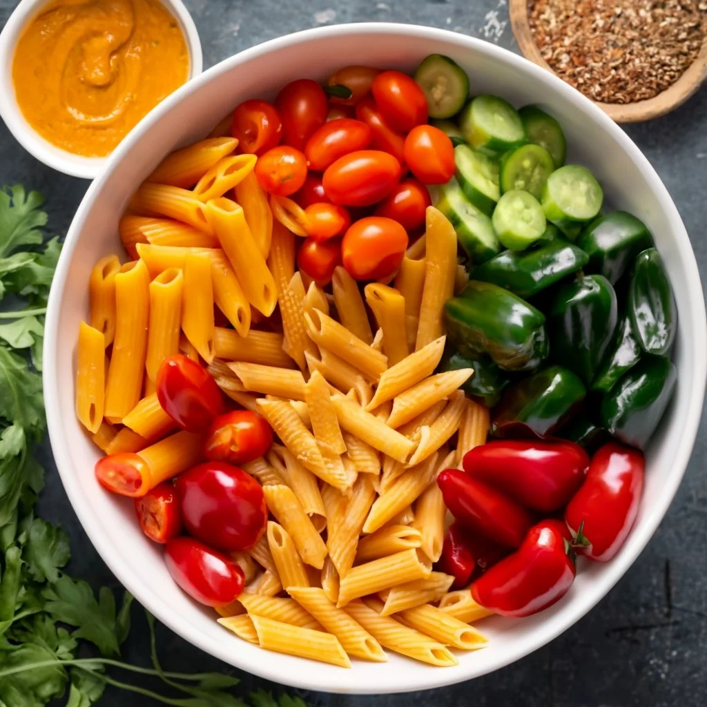 A vibrant image of fresh, colorful ingredients (like bell peppers, carrots, and robust dressings) alongside a bowl of appetizing, freshly made pasta salad.