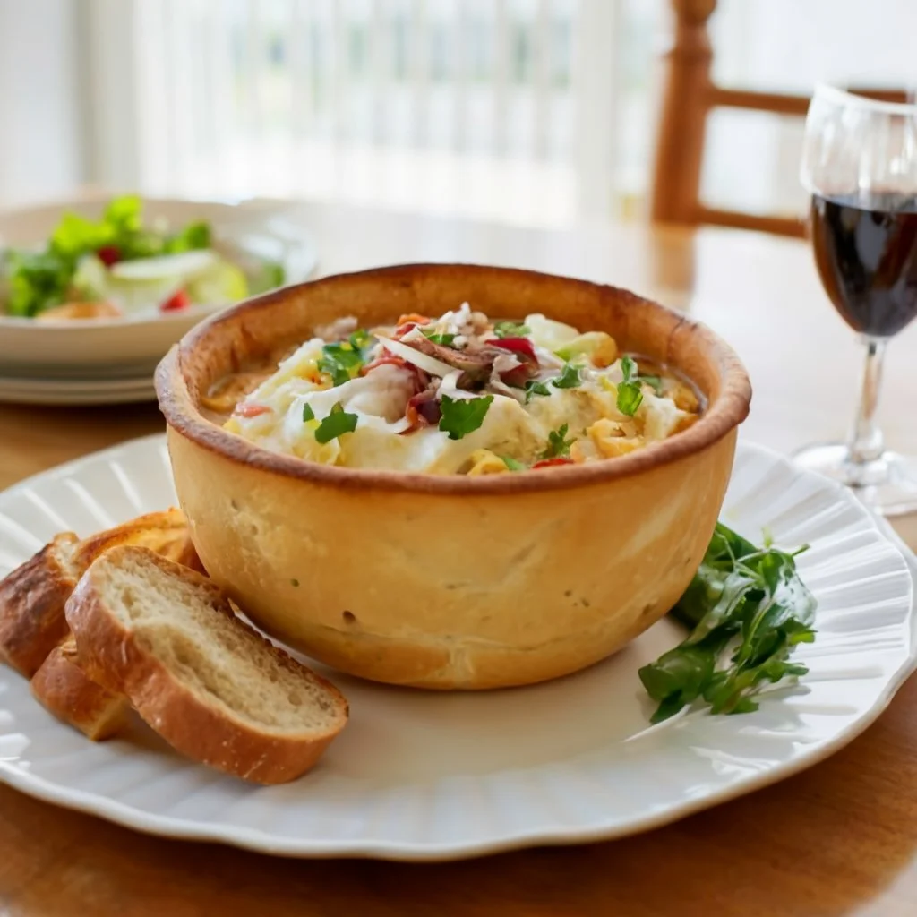 An elegantly set dining table with a clam chowder bread bowl in the center. The table should include accompanying side dishes, such as a fresh salad and a basket of toasted bread chunks. The image should evoke a sense of a well-prepared meal.